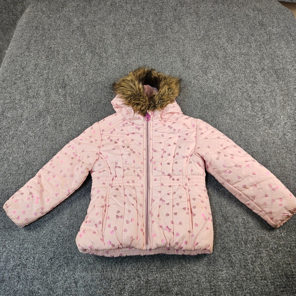 S. Rothschild R1881 Girls Pink Metallic Heart Puffer Jacket Faux Fur Hood 4T